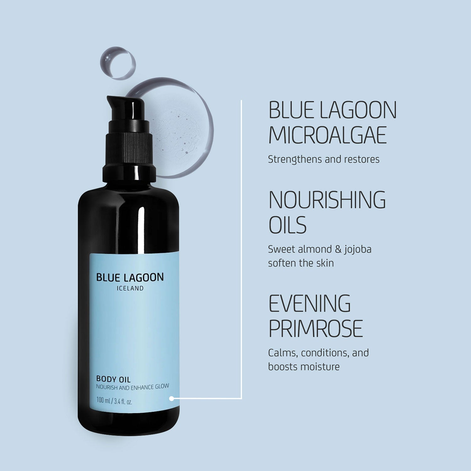 Body Oil on light blue background with illustrated benefits that calms, conditions and boosts moisture